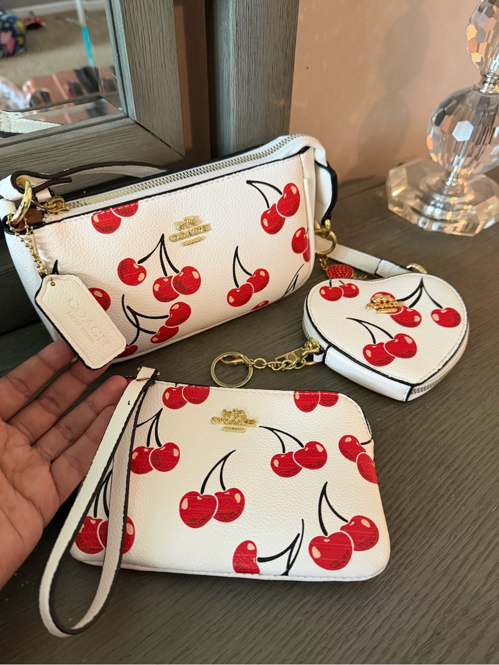 Coach Cherry Print Nolita 19 Shoulder Purse Trio Bundle Heart Wristlet - Picture 3 of 16